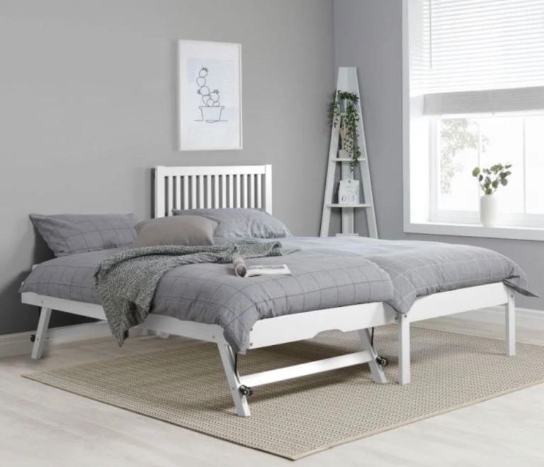 White Wooden Single Guest Bed with Pull-Out Trundle