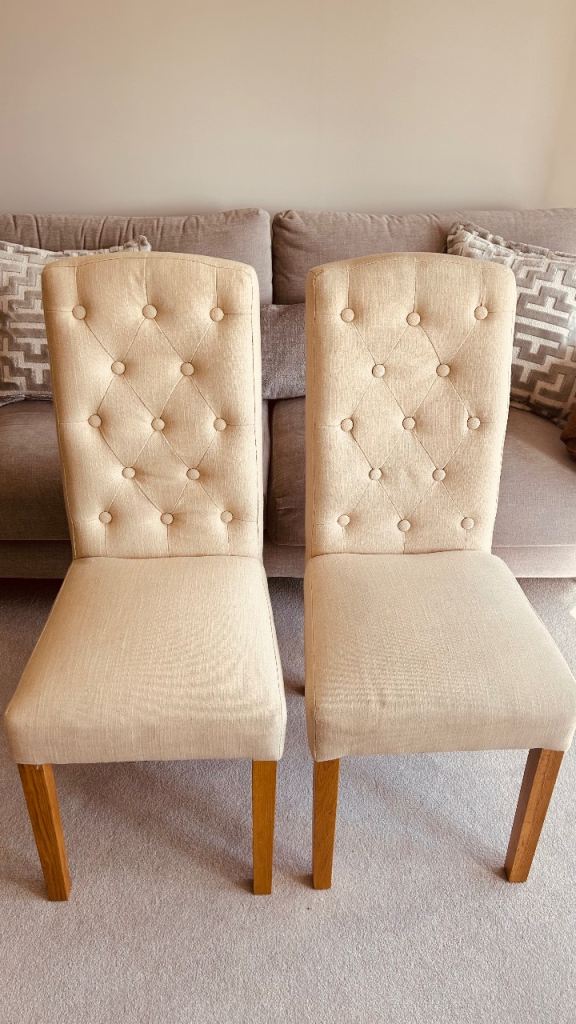 2 Cream Linen Chairs Button Back
