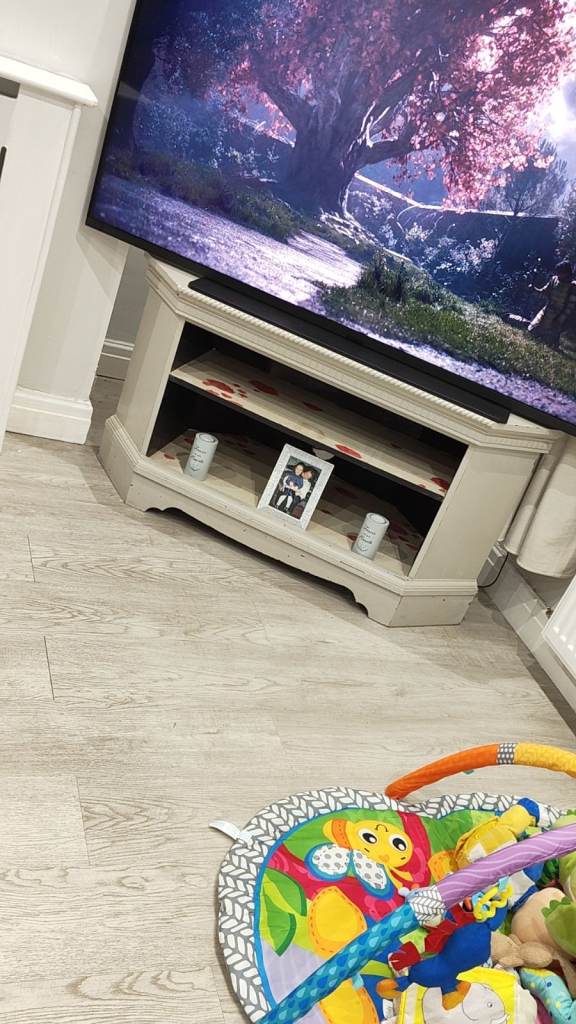Grey Corner TV Unit with Storage Shelf – Good Condition