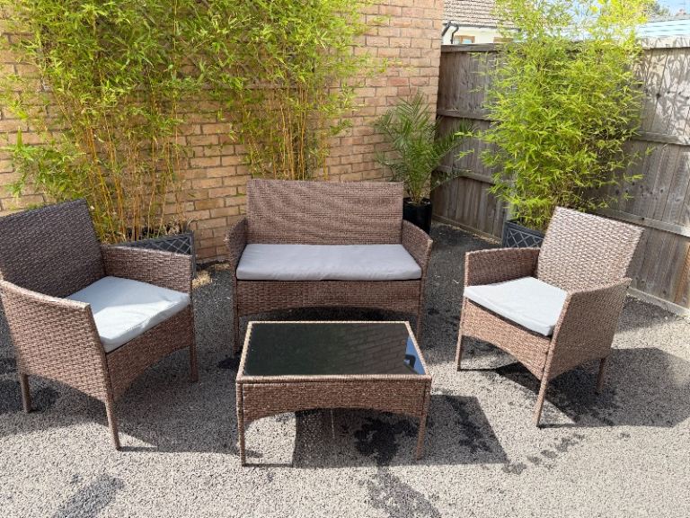 Brown Rattan Garden Furniture Set with Cushions – Good Condition