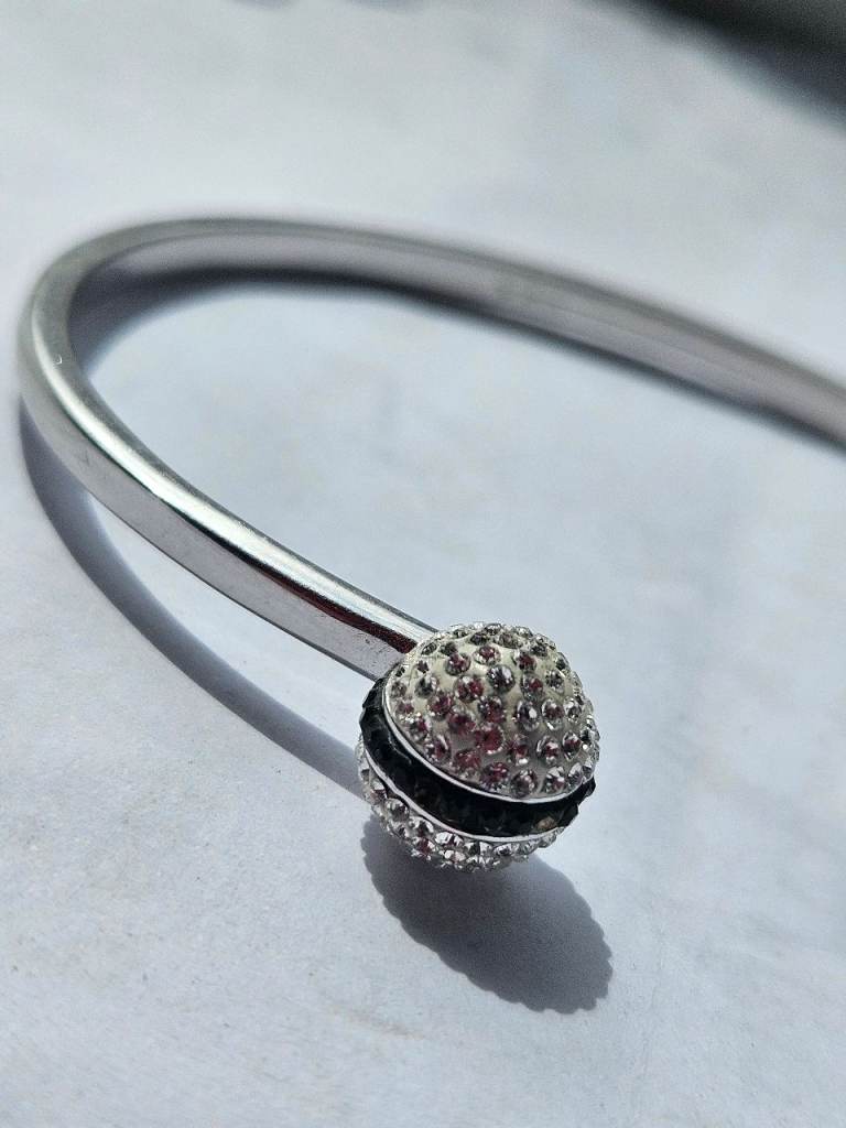 Silver Bangle Bracelet with Black & White Rhinestone Balls