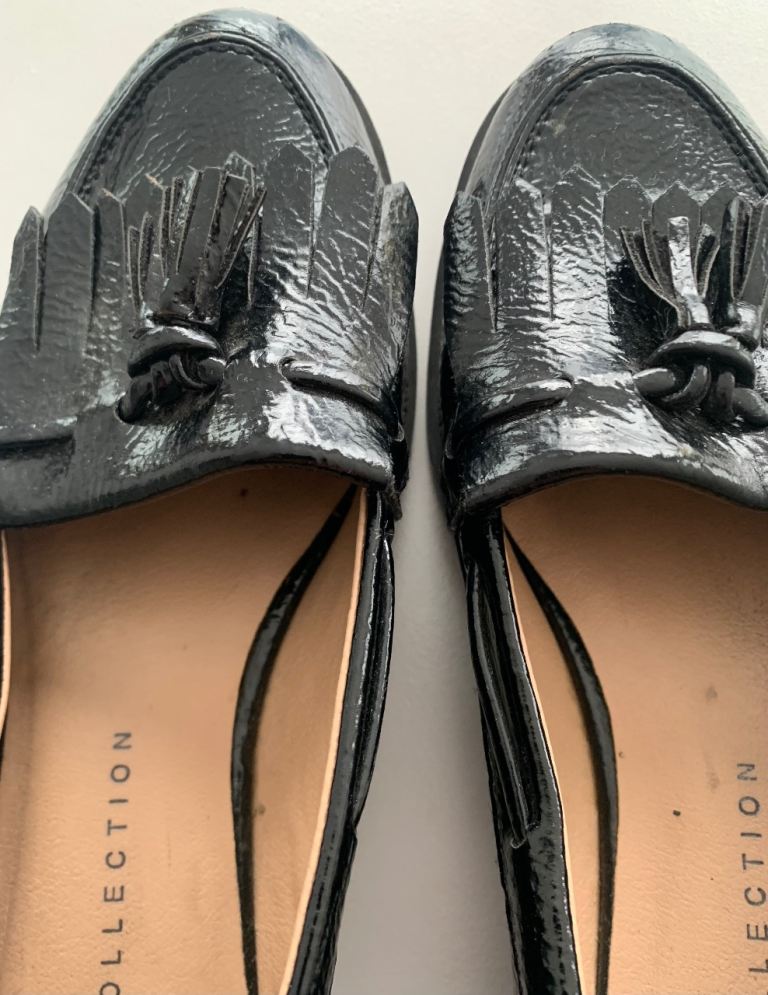 image for M&S Ladies size 3 black patent Tassel Slip On Flat Loafers