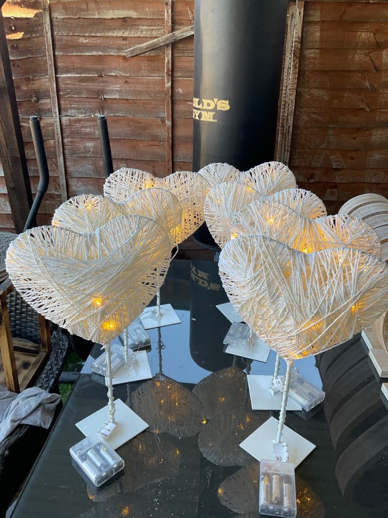 Wedding- 8 heart battery lights & 6 wooden heart candle holders 