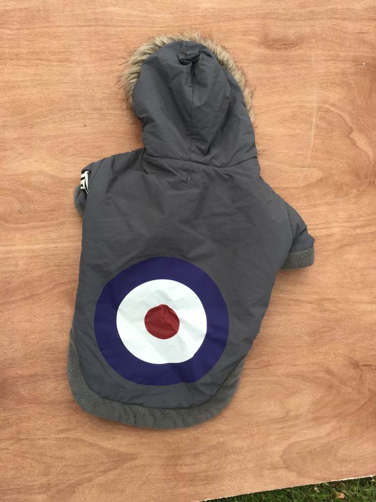 Stylish Grey mod parka Dog Coat with Faux Fur Hood and Target Design