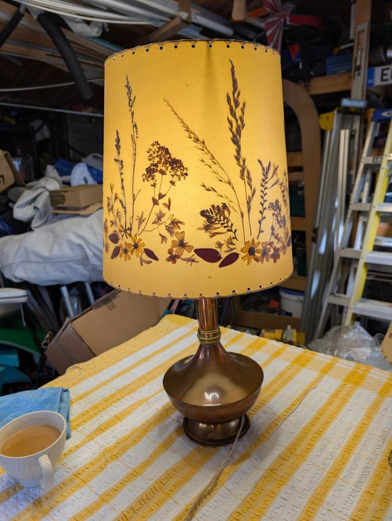 Vintage Copper Table Lamp with Floral Hand Pressed Shade