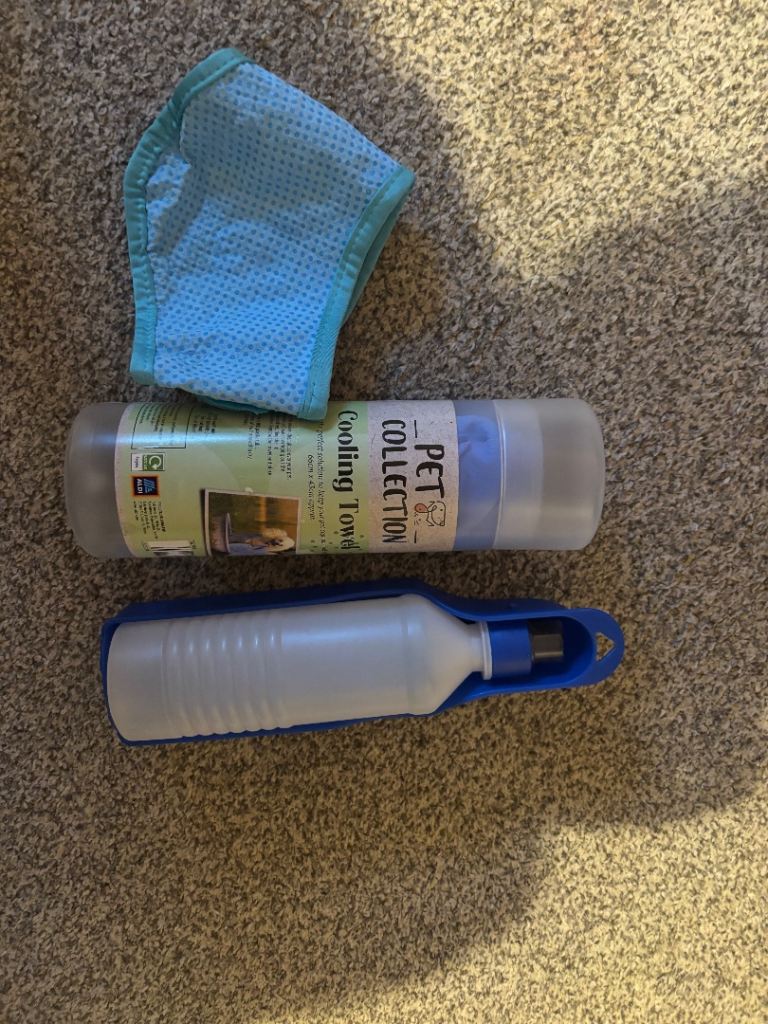Dog cooling bandana, towel and water bottle