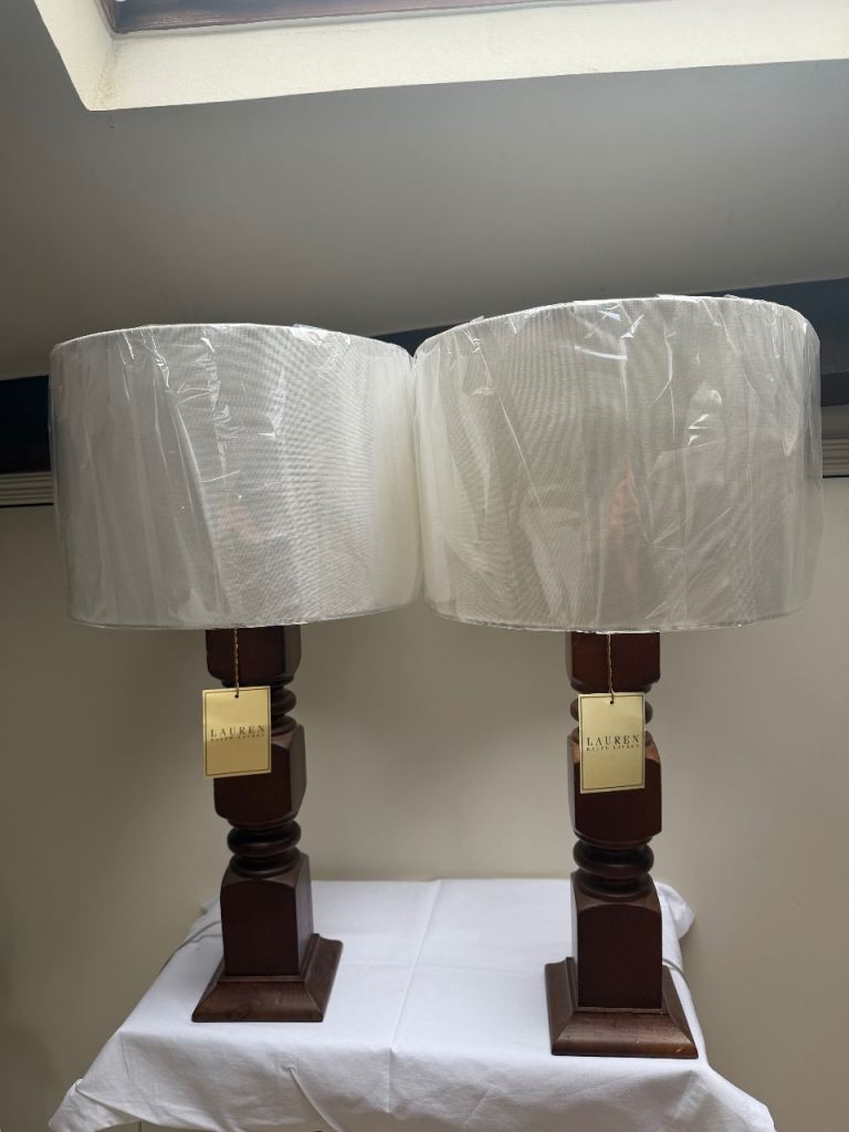 Pair of New Ralph Lauren Wooden Table Lamps with Shades