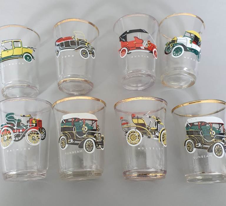 Set of 8 Vintage Shot Glasses "Classic Cars"
