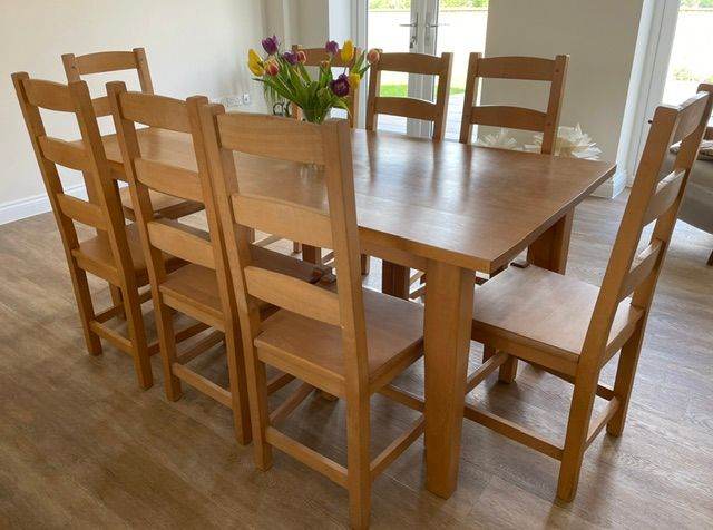 Pine farmhouse style table and 8 chairs
