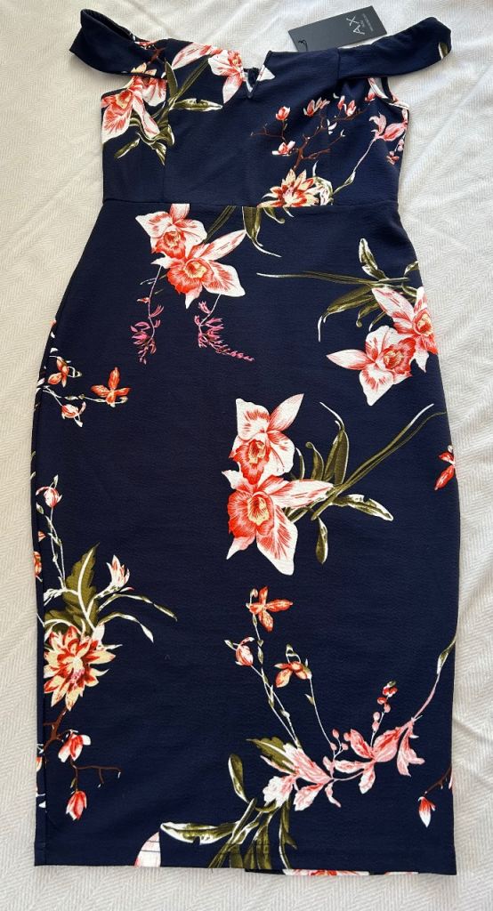 AX Paris Navy Floral Midi Dress | Off Shoulder Occasion Dress | UK 8-10 Wedding Guest