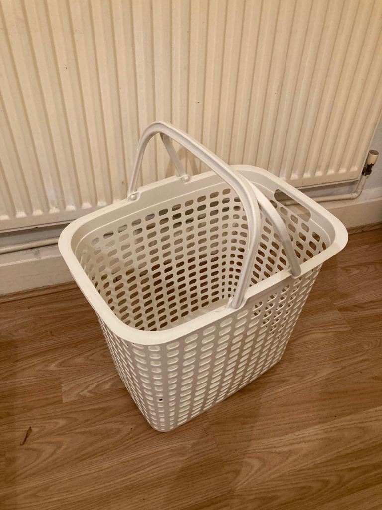 White Plastic Laundry Basket with Handles – Good Condition
