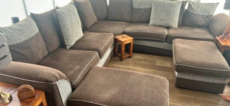 Large Brown Fabric Corner Sofa with Footstools – Good Condition