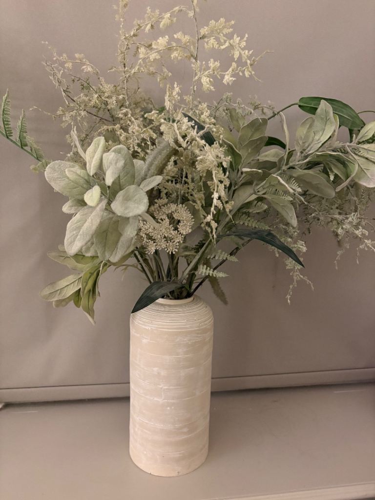 Large Beige Textured Vase with Faux Flowers – Good Condition