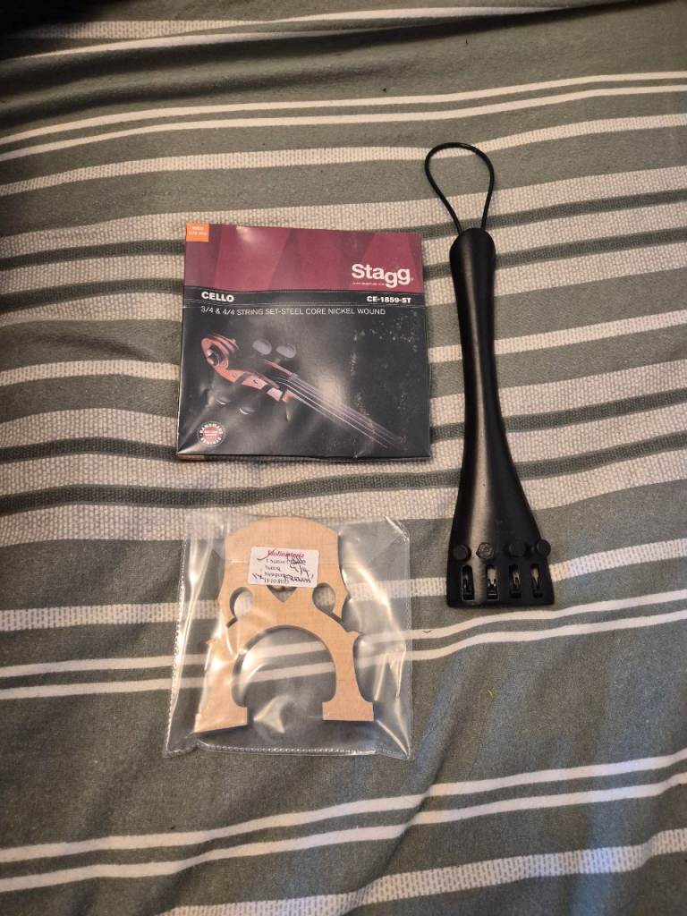 Cello strings, bridge and tailpiece