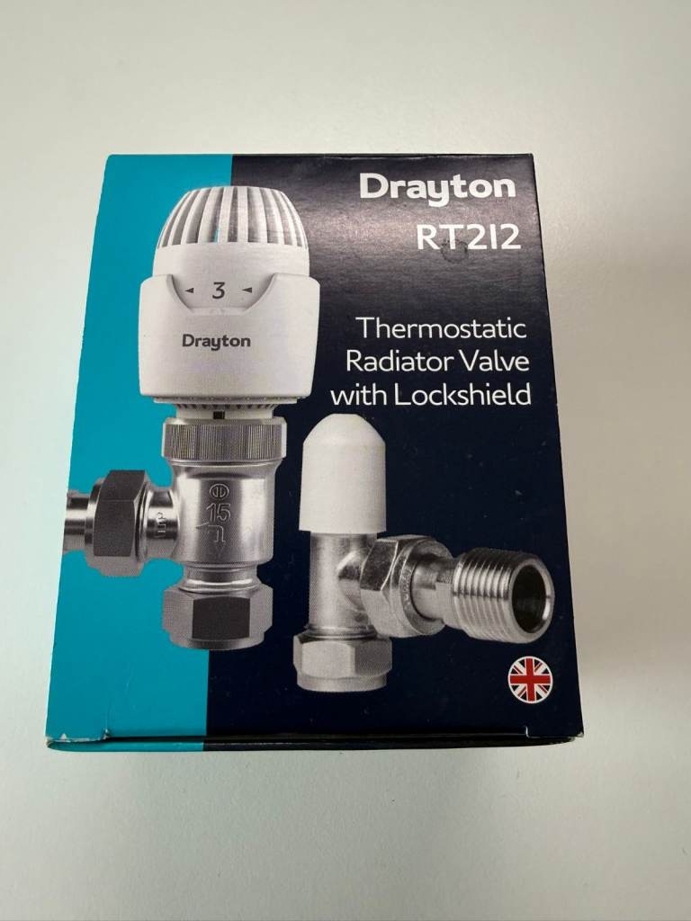 Drayton RT212 Thermostatic Radiator Valve & Lockshield 15mm Angled Chrome – Brand New