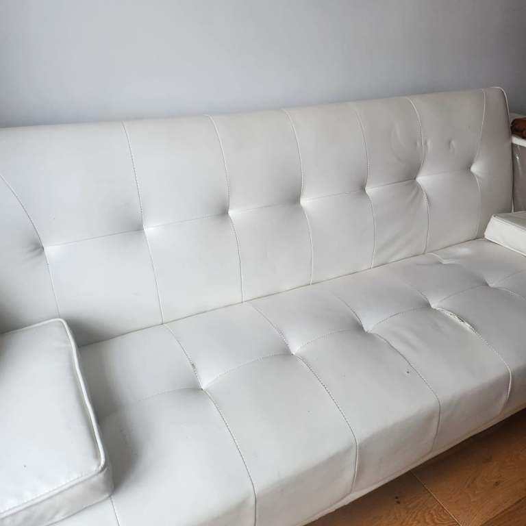 White Faux Leather Sofa Bed / Futon – Modern Convertible Couch