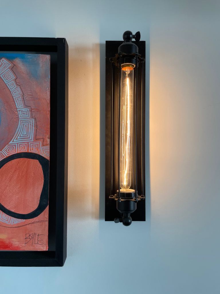 2 black metal industrial wall light fittings