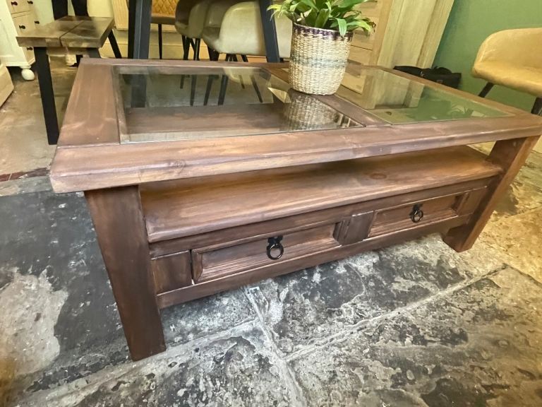 Wooden Coffee Table with Glass Top and Drawers – Good Condition
