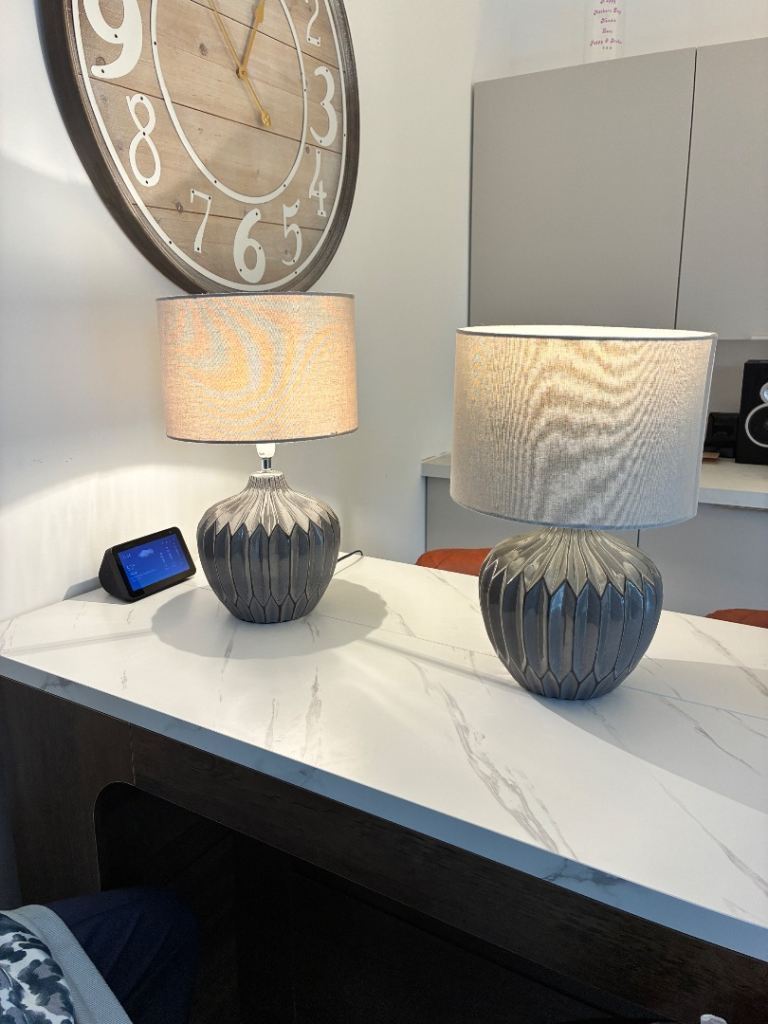 Pair of Grey Table Lamps with Fabric Shades – As Good As New