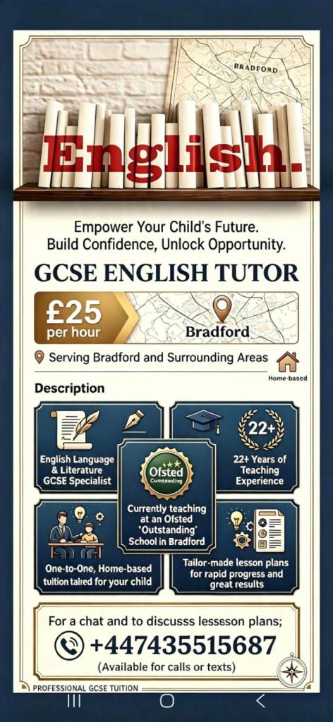 EXPERIENCED GCSE ENGLISH TUTOR (AQA) – Bradford  and surrounding area