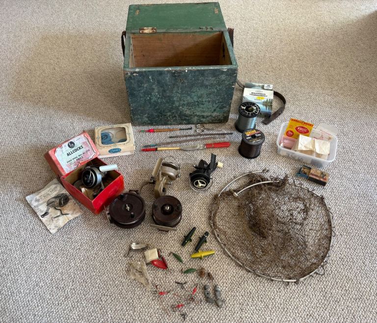 Vintage fishing box and contents