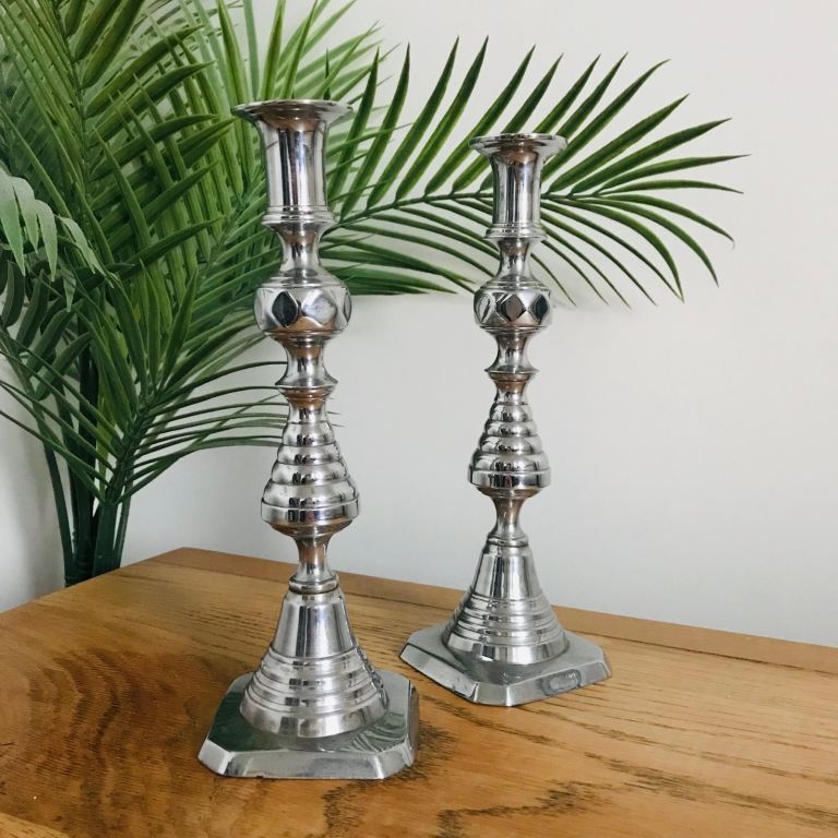 Pair of vintage antique Victorian silver metal beehive candlesticks