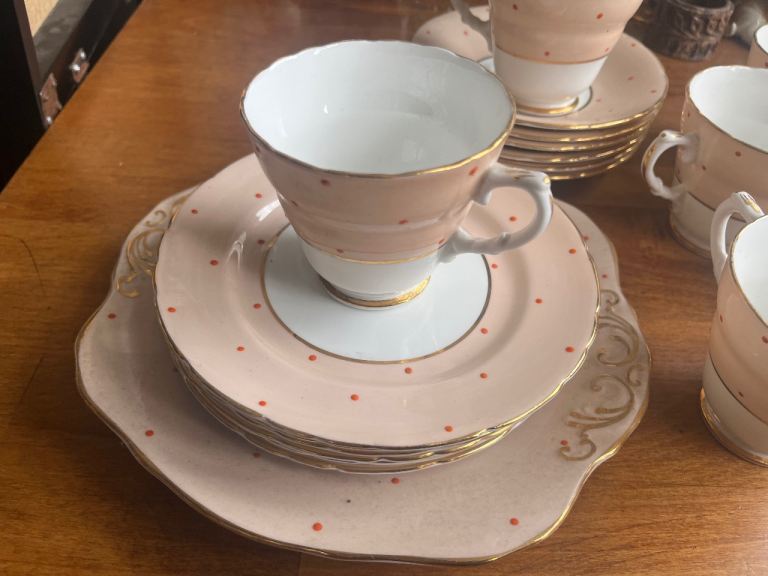 Lovely Vintage Peach Polka Dot Tea Set — Cups, Saucers, Plates