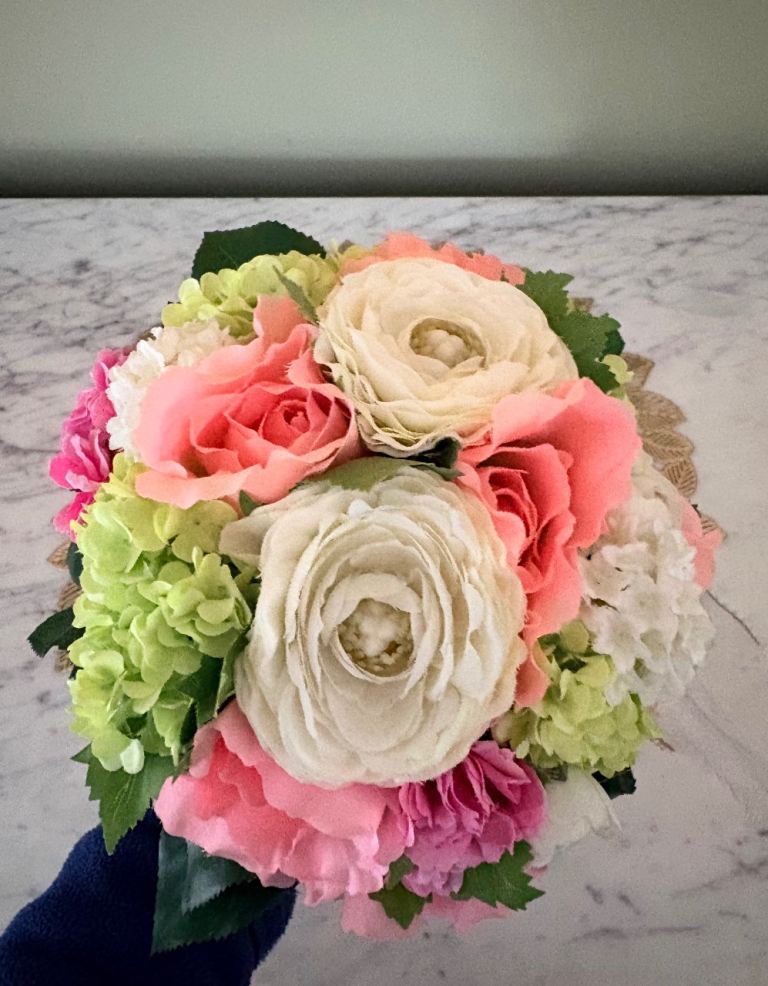 Bridal Hand Bouquet – Artificial Flowers (Pink, White & Green) – Like New