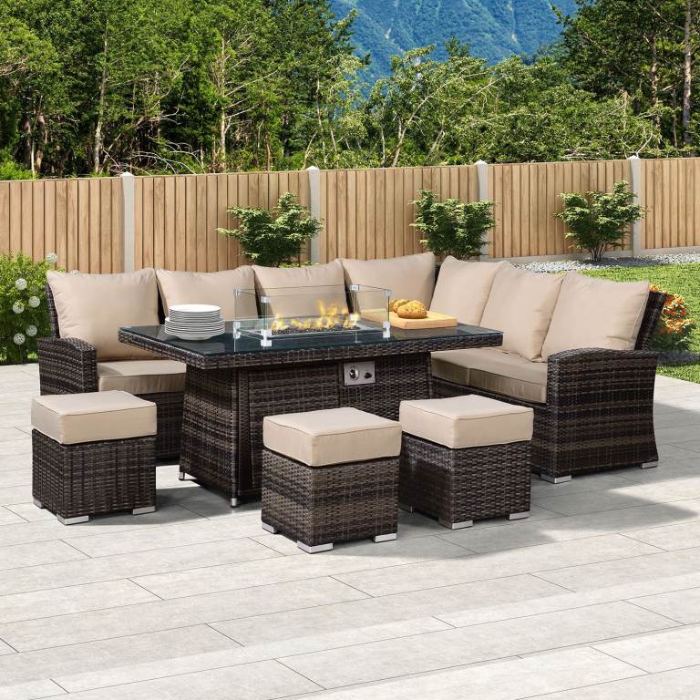 Rattan Garden Corner Sofa Set with Fire Pit Table and Stools